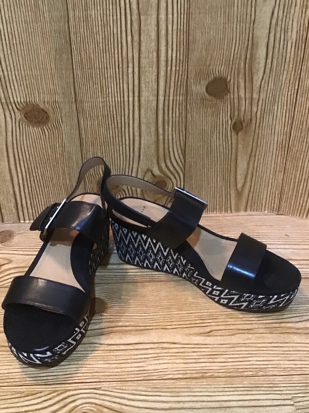 NWT New Direction Black Platform Sandals with Patterned Wedge